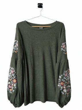 BloomChic Olive Green Balloon Sleeve Embroidered Top
